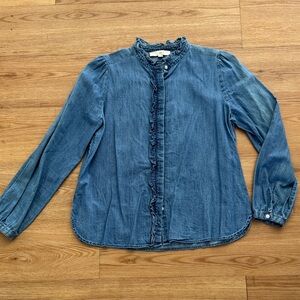 Loft Women's Denim Chambray Button Down Blouse Ruffle Hem Size Medium Classic